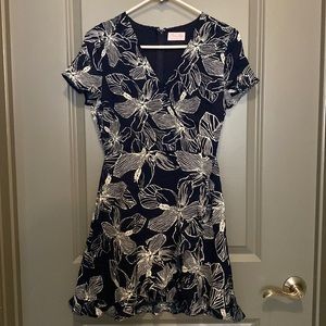 Pink Lily Draw Your Attention Wrap Floral Navy Dress